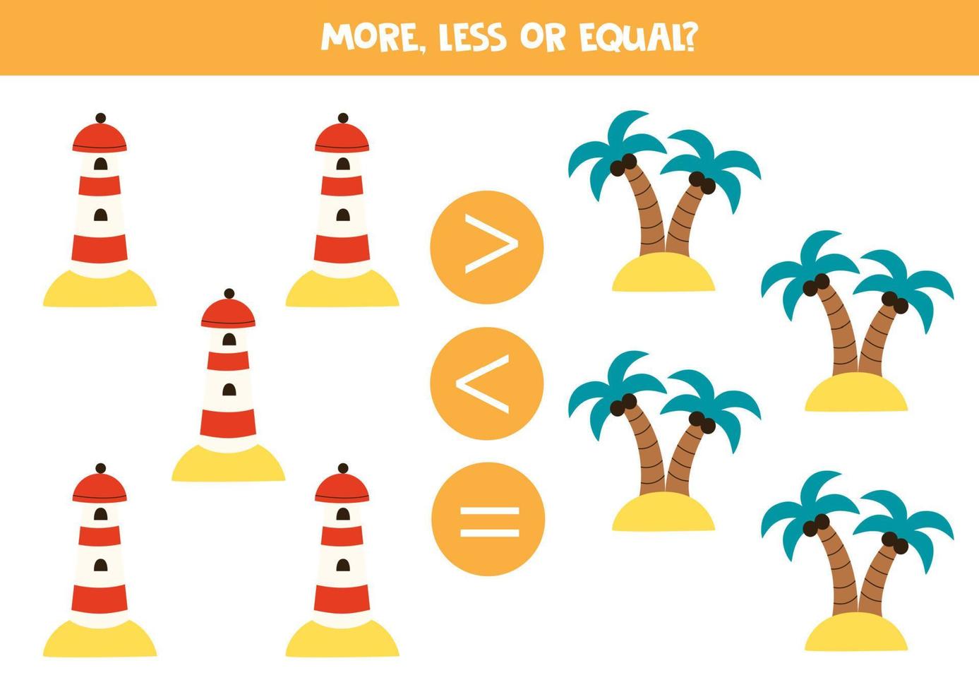 More, less or equal with cartoon lighthouses and islands. vector
