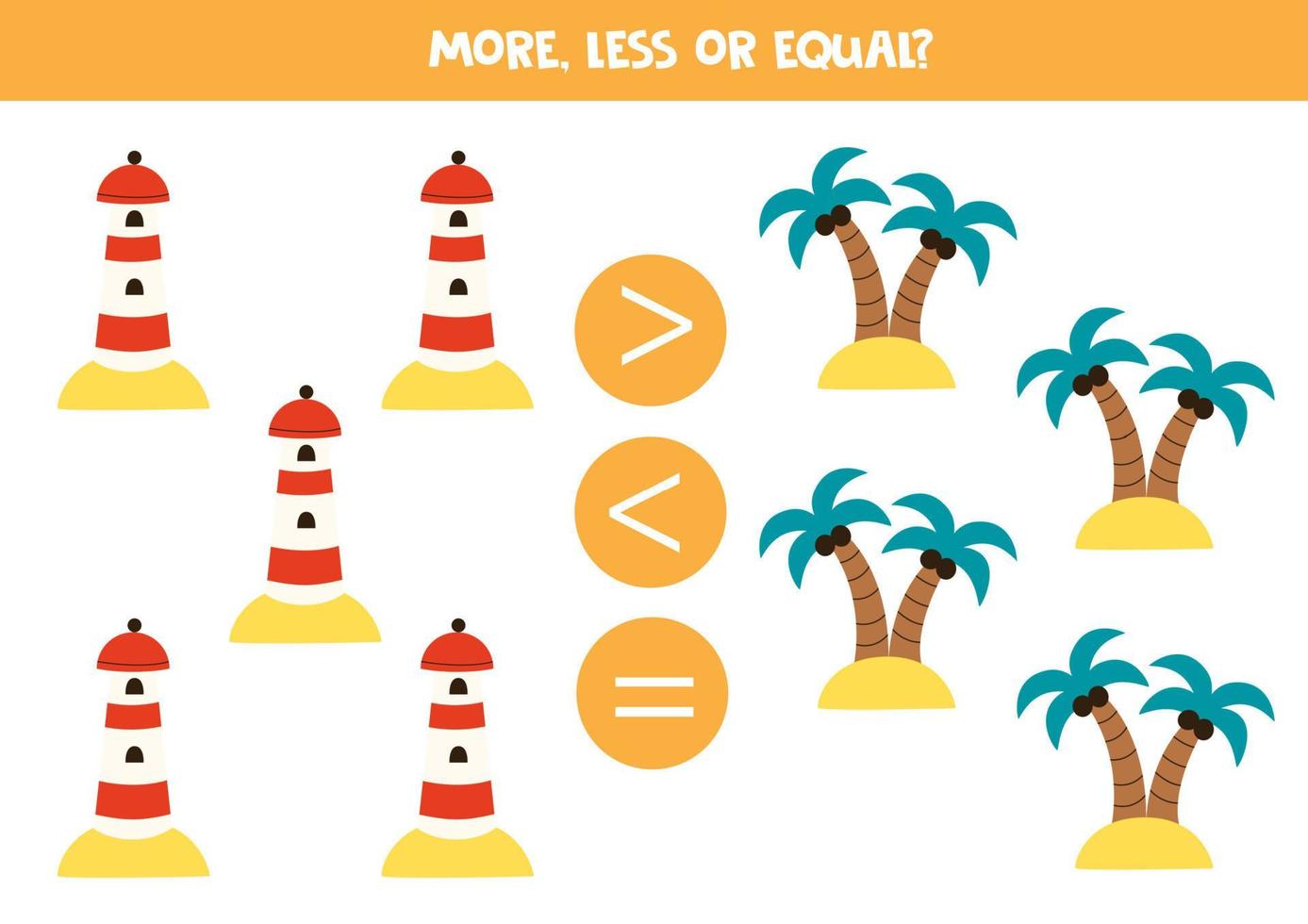 More, less or equal with cartoon lighthouses and islands. vector