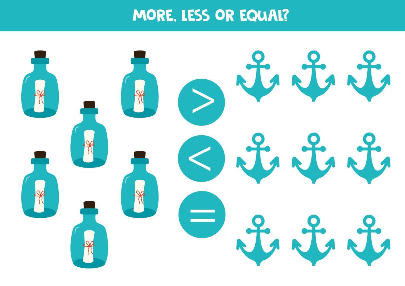 More, less or equal with bottles and anchors. vector