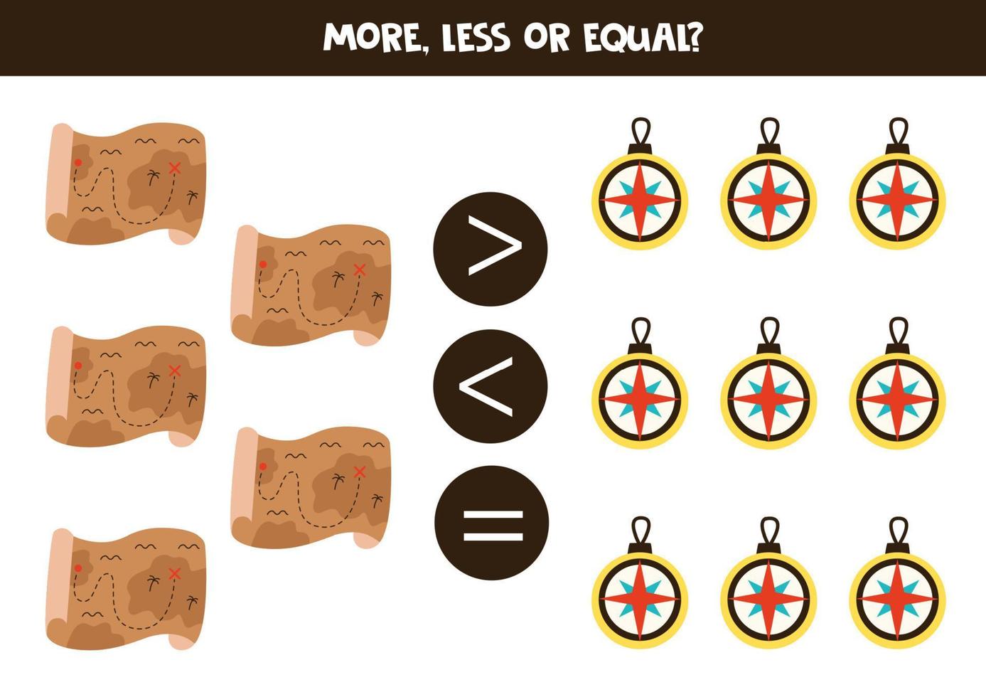 More, less or equal with cartoon pirate hook and saber. vector