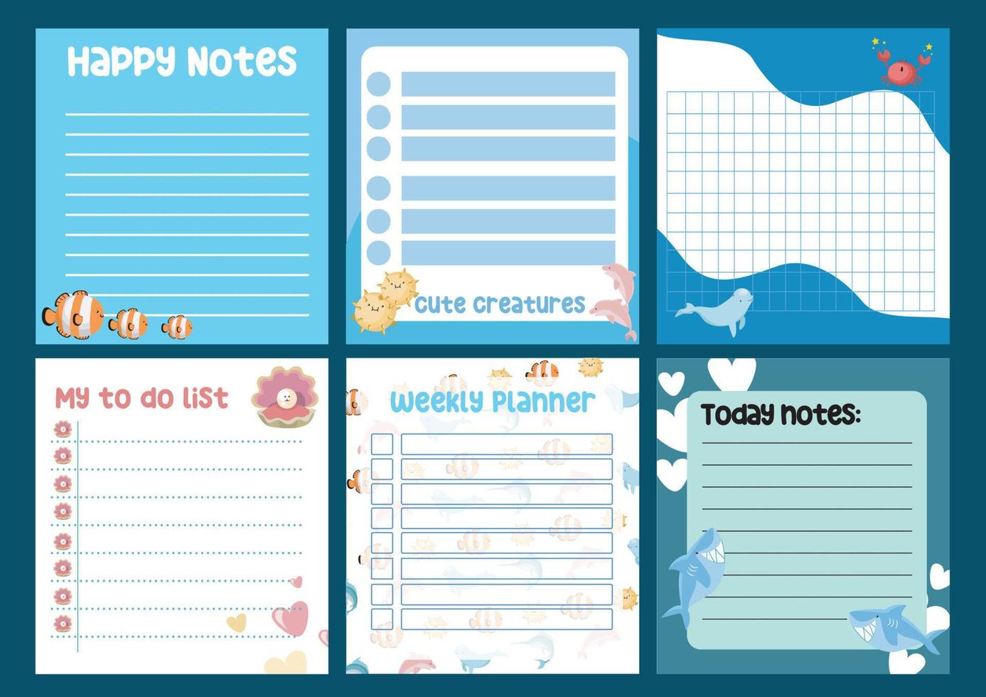 Beautiful note template. Cute sea animals design for children. Vector template for agenda, to do list, wish list, dear diary. Printable sheet for kids.