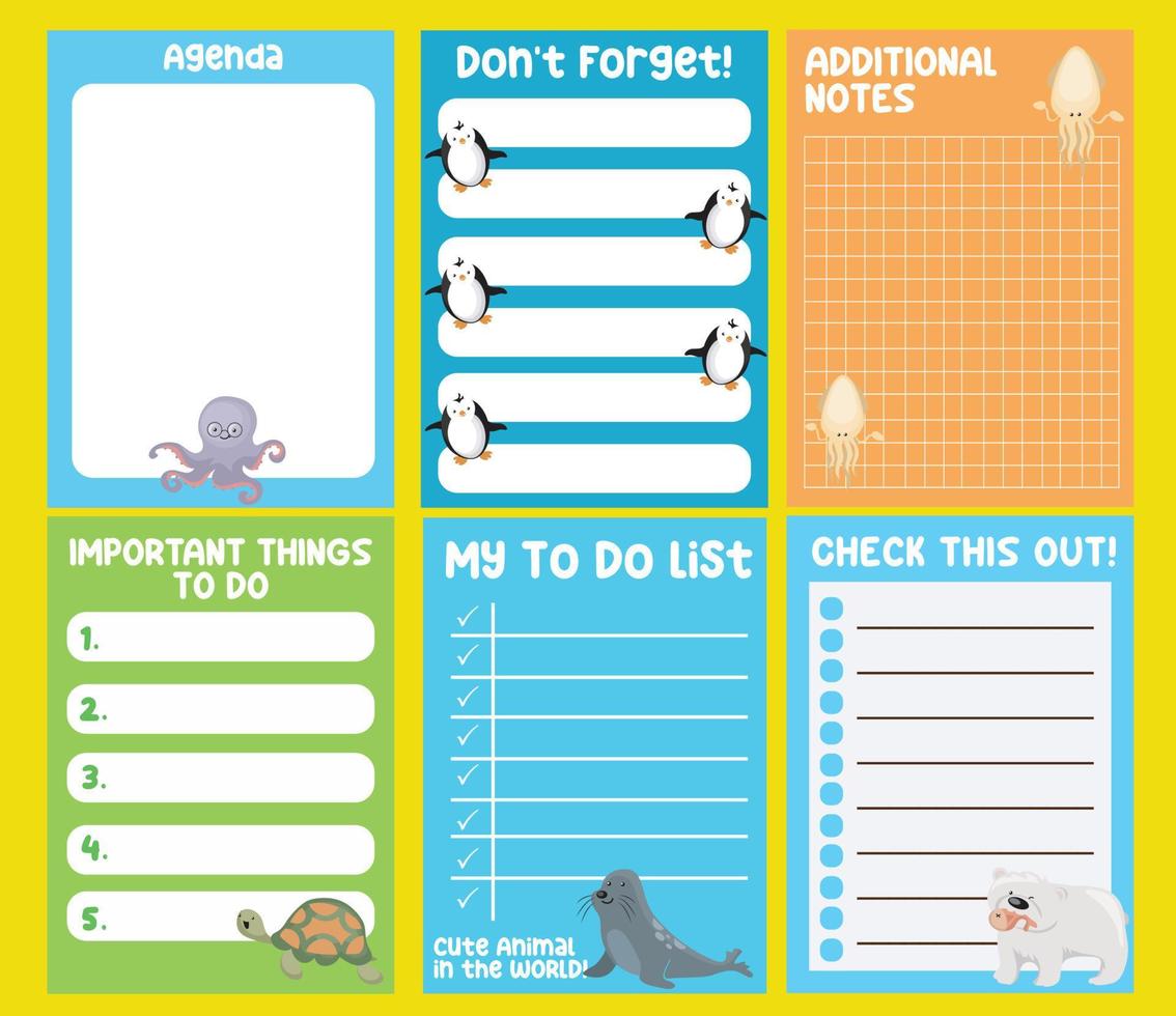 Beautiful note template. Cute sea animals design for children. Vector template for agenda, to do list, wish list, dear diary. Printable sheet for kids.