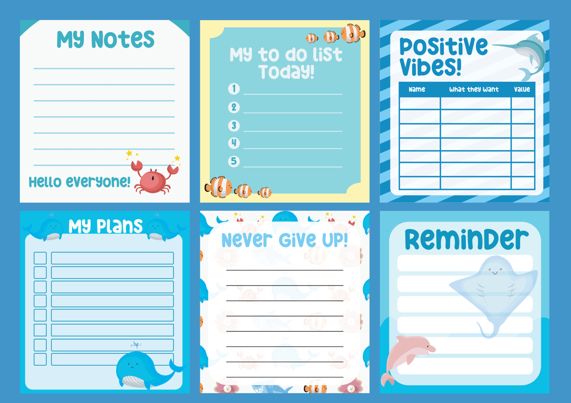Beautiful Note Template Cute Sea Animals Design For Children Vector beautiful-note-template-cute-sea-animals-design-for-children-vector