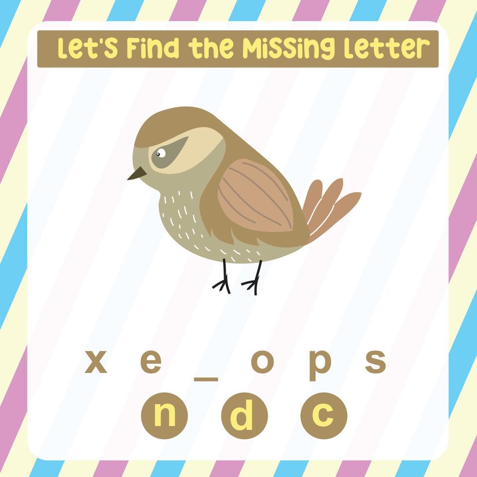 Missing letter worksheet. Complete the letters for animal names in English. Kids educational game. Printable worksheet for preschool. Writing practice. Vector file.