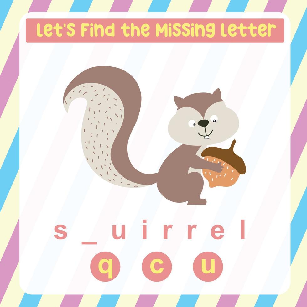 Missing letter worksheet. Complete the letters for animal names in English. Kids educational game. Printable worksheet for preschool. Writing practice. Vector file.