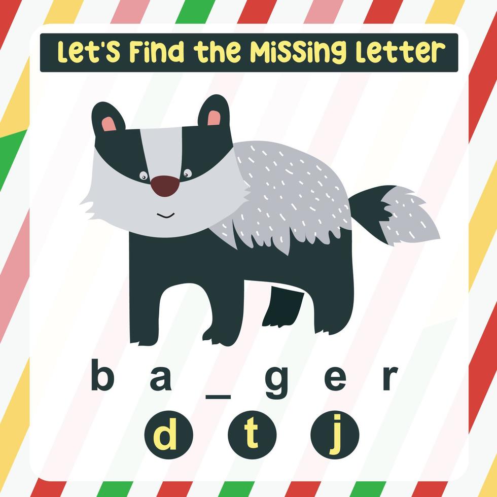 Missing letter worksheet. Complete the letters for animal names in English. Kids educational game. Printable worksheet for preschool. Writing practice. Vector file.