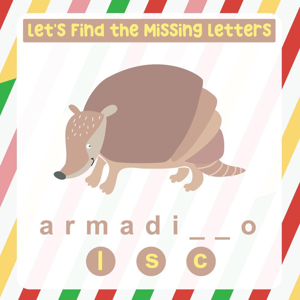 Missing letter worksheet. Complete the letters for animal names in English. Kids educational game. Printable worksheet for preschool. Writing practice. Vector file.