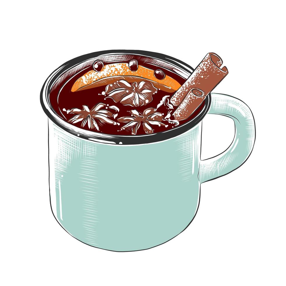 Vector engraved style illustration for posters, decoration, logo and print. Hand drawn sketch of mug of mulled wine in colorful isolated on white background. Detailed vintage woodcut style drawing.