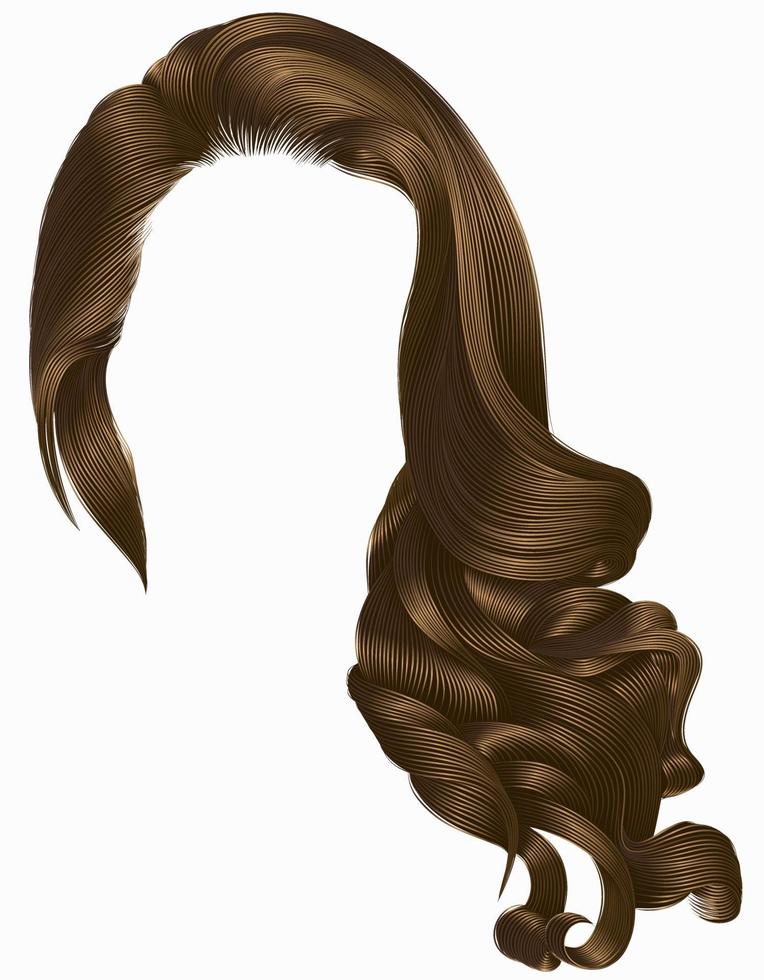 woman trendy long curly  hairs wig brown  . retro style . vector