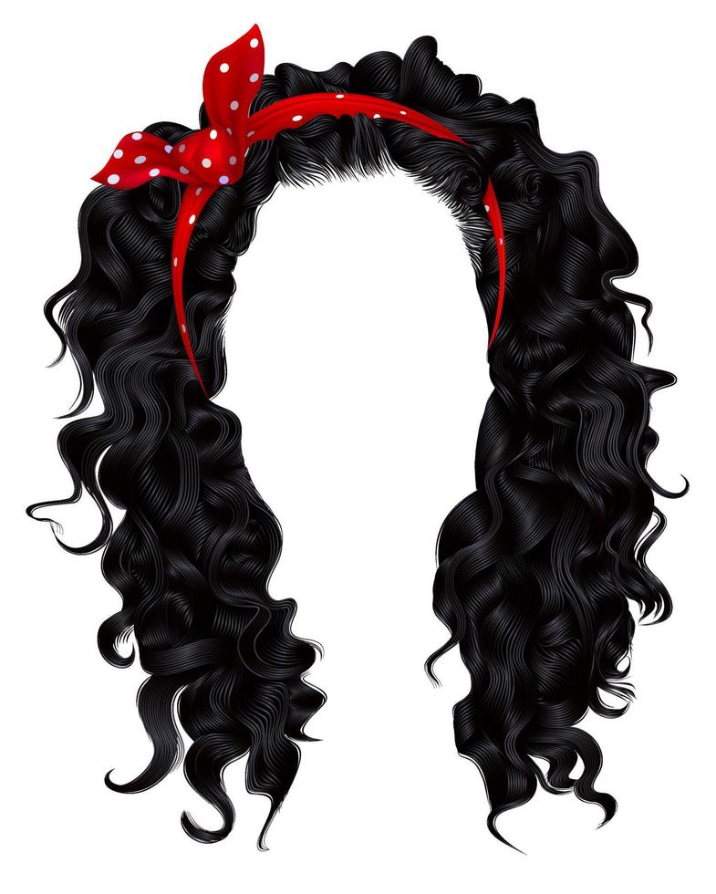 long curly hairs  brunette black  dark colors  .  beauty fashion style . wig .Red bow vector