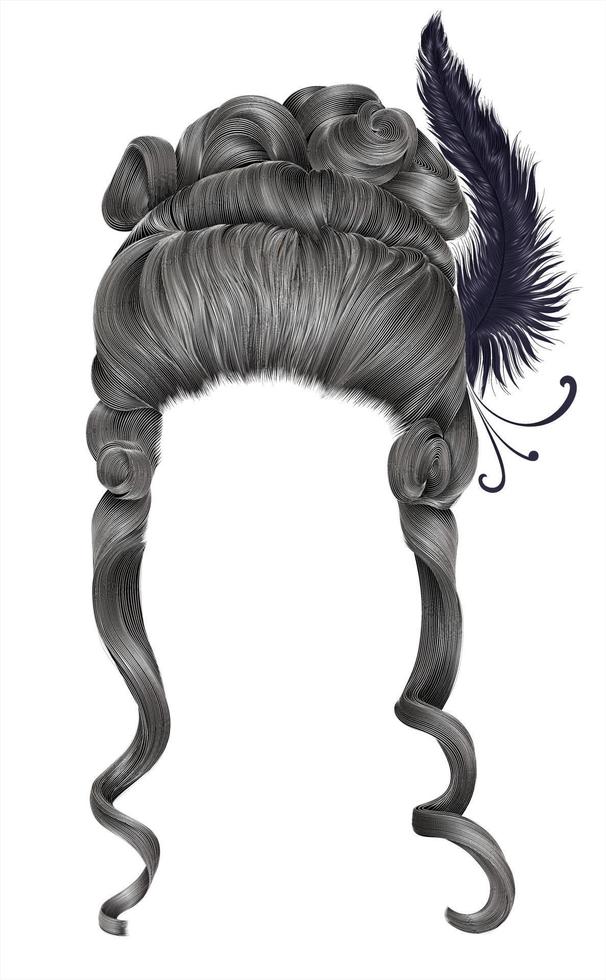 woman wig  hairs curls. medieval style rococo,baroque.high hairdress with  feather. vector