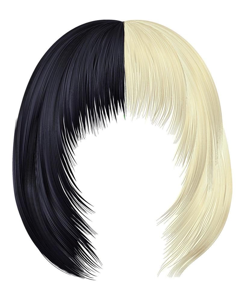 trendy woman hairs  black and blond colors . kare with fringe . beauty fashion. realistic  3d .coloring, vector