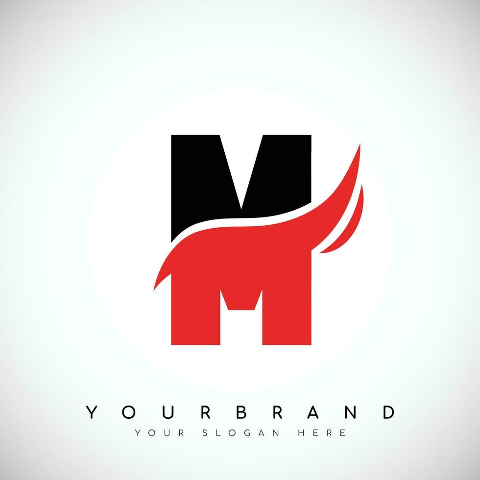 Bold Black Letter M Logo Design With Red Swoosh Vector Illustration