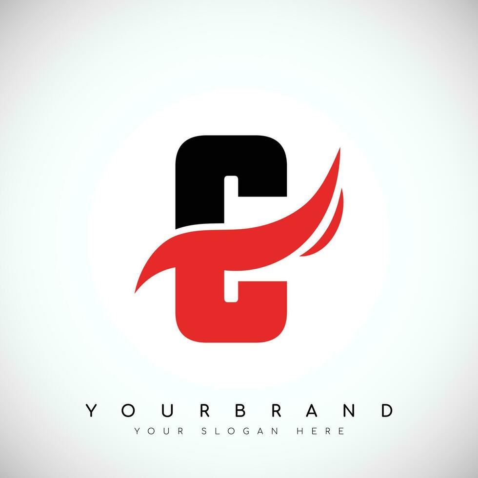 Bold Black Letter C Logo Design With Red Swoosh Vector Illustration