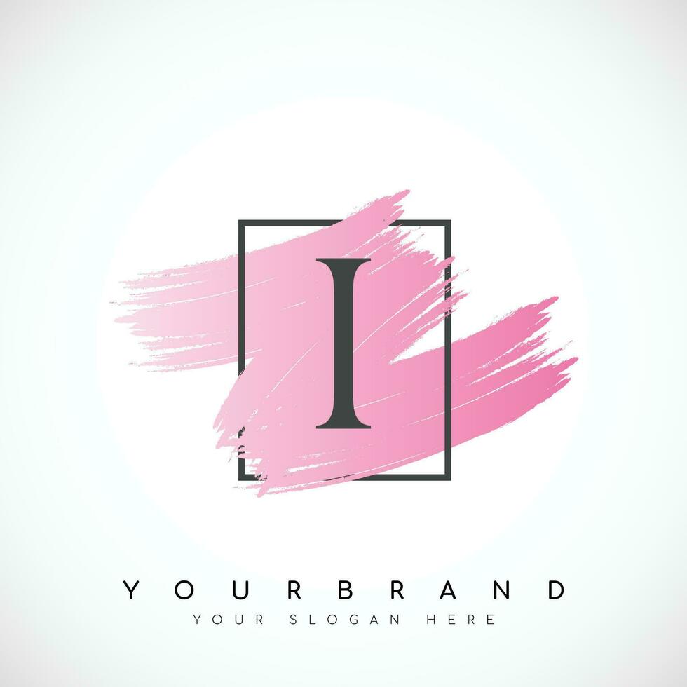 Letter I Logo Design With Pink Brush in Black Frame. Vector Illustration