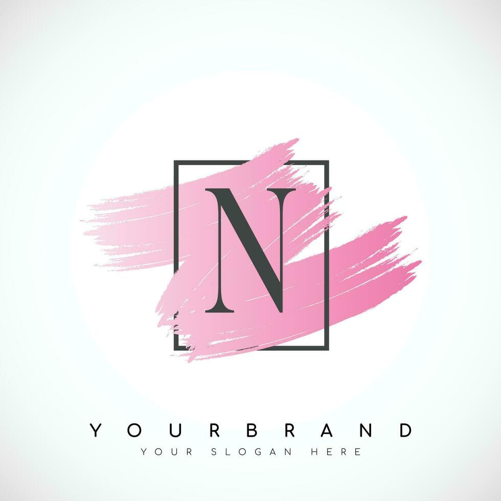 Letter N Logo Design With Pink Brush in Black Frame. Vector Illustration