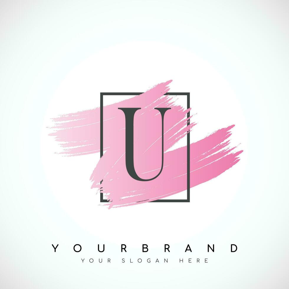 Letter U Logo Design With Pink Brush in Black Frame. Vector Illustration