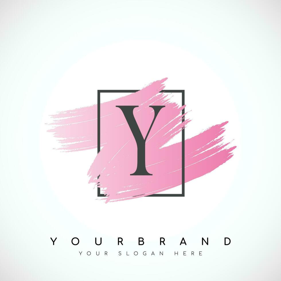 Letter Y Logo Design With Pink Brush in Black Frame. Vector Illustration