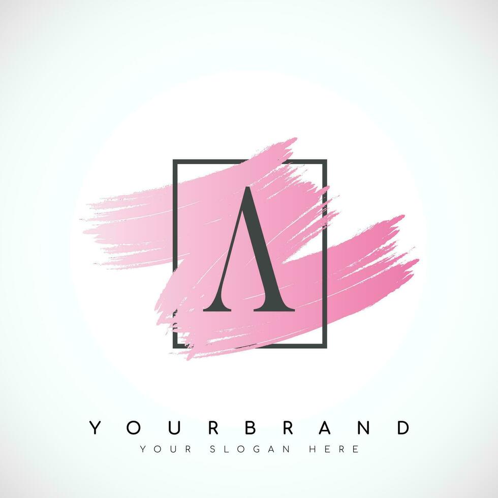 Letter A Logo Design With Pink Brush in Black Frame. Vector Illustration