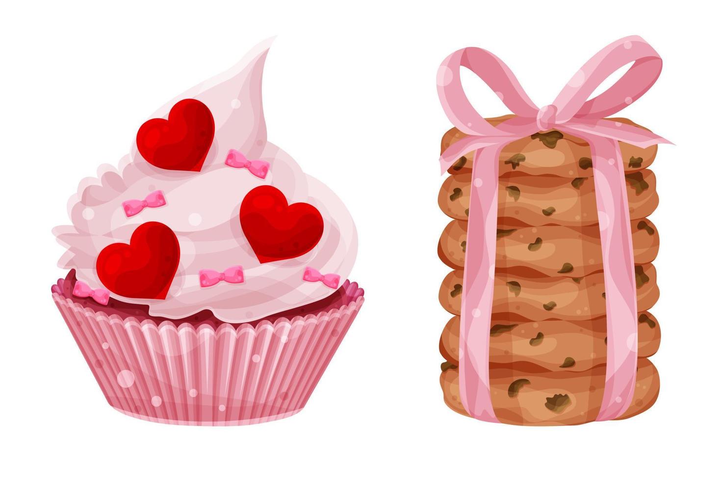 Set vector bright valentines day cupcake and stack of oatmeal cookies, hearts and bows, festive pastries