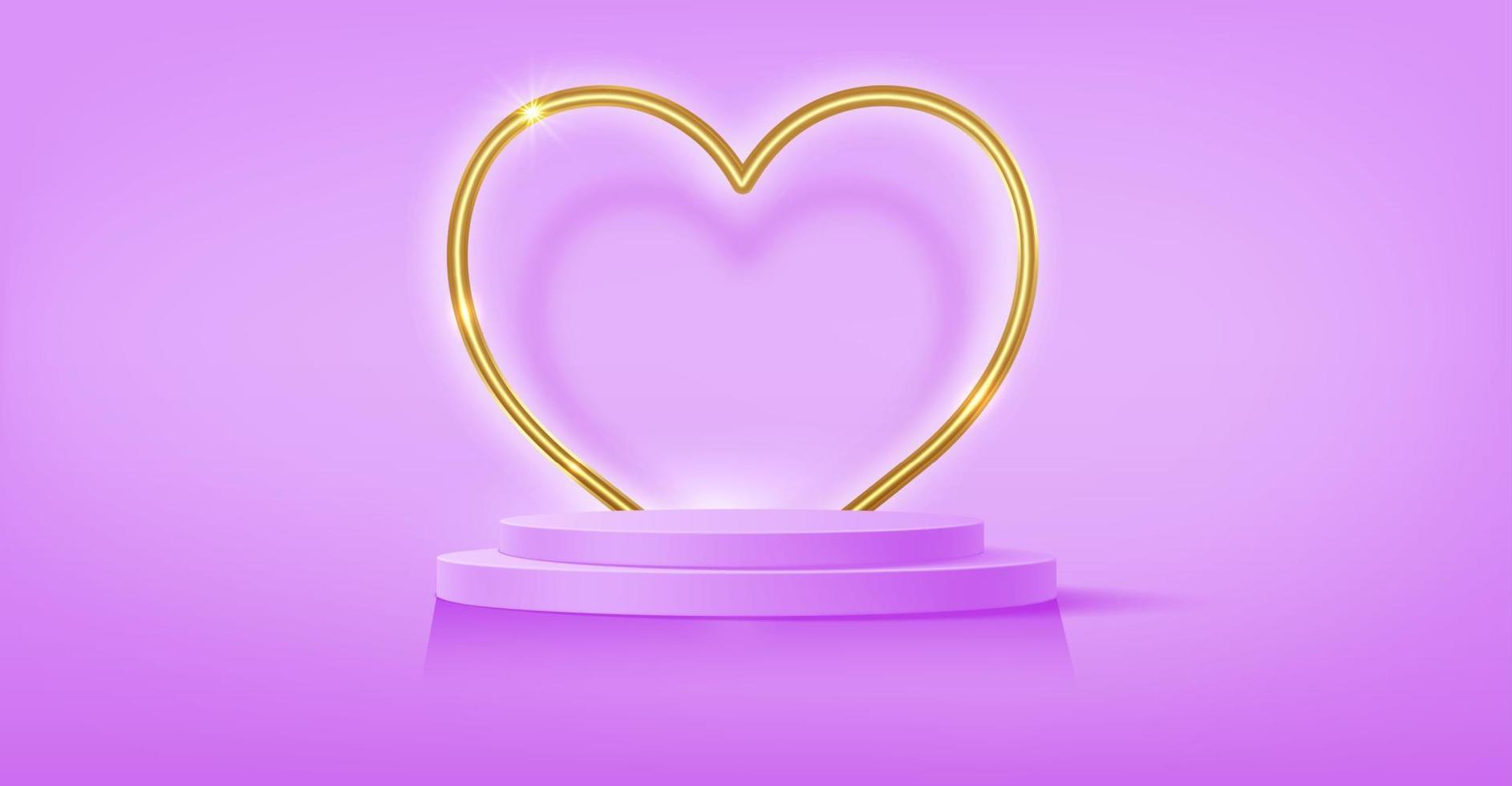 Stage podium decorated with gold heart shape lighting. Pedestal scene with for product, advertising, show, award ceremony, on pink background. Valentine's day background. Minimal style. Vector