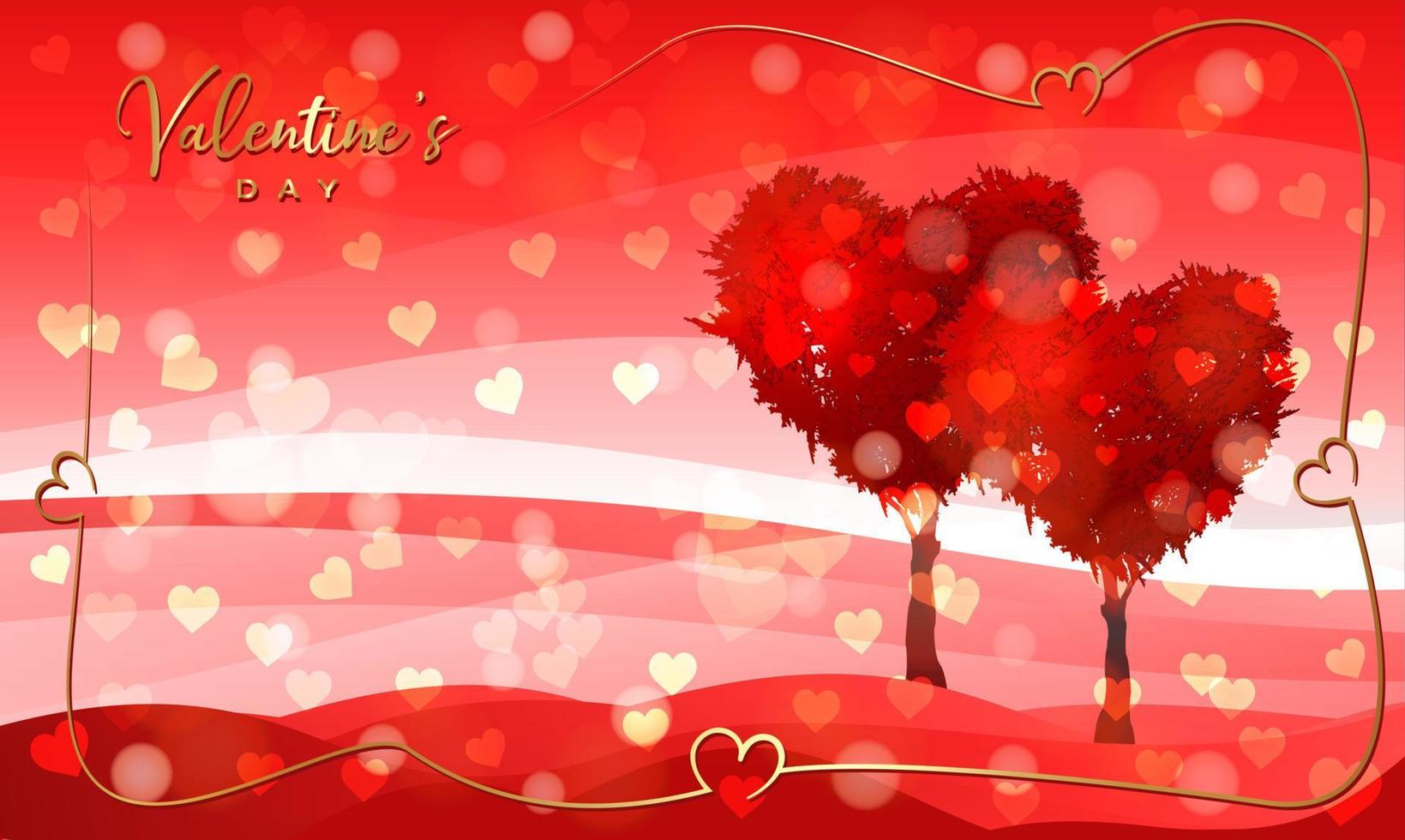 Trees in the shape of red heart, valentines day background, vector fantasy landscape, couple of trees symbol of love banner template, gold hearts frame