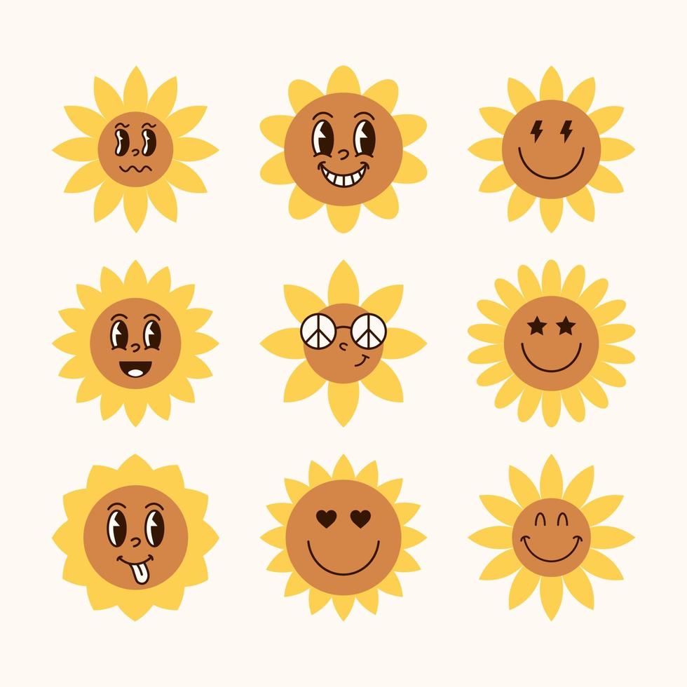 maravilloso personaje de girasoles de dibujos animados con caras graciosas de dibujos animados vector