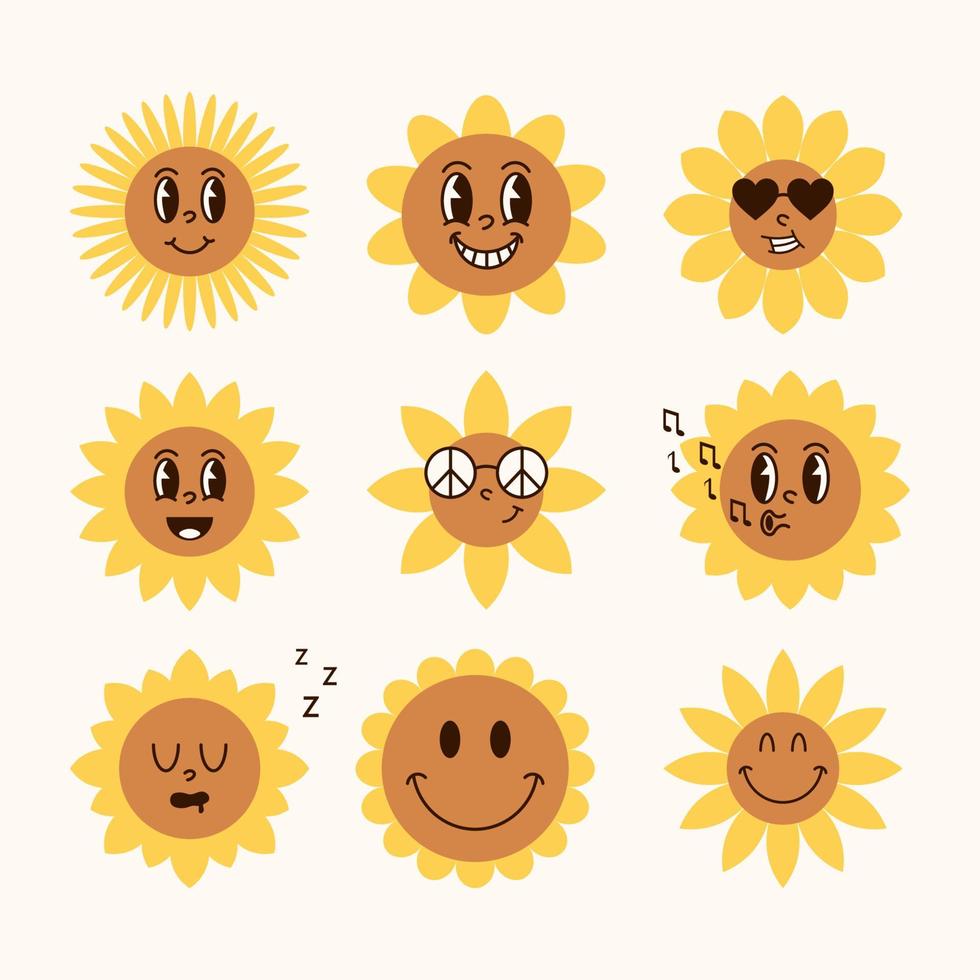 Groovy cartoon sunflowers character with cartoon funny faces vector