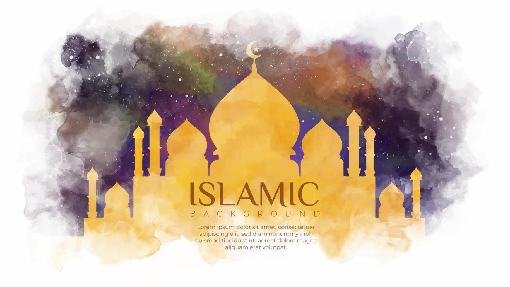 Beautiful golden mosque watercolor vector illustration with a night sky. Hand-drawn Islamic celebration background. Ramadan flyer template