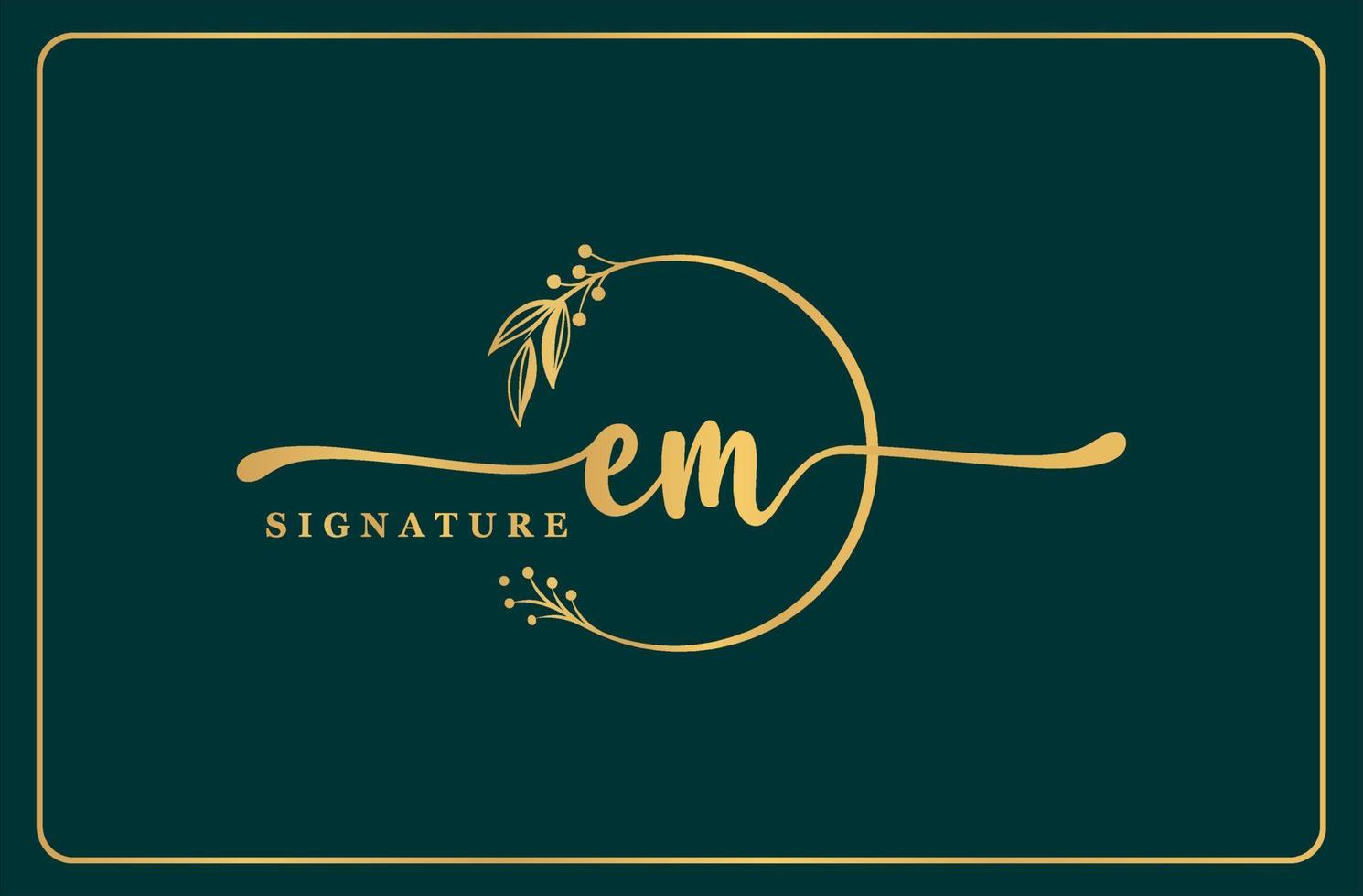 luxury gold signature initial Em logo design isolated leaf and flower vector