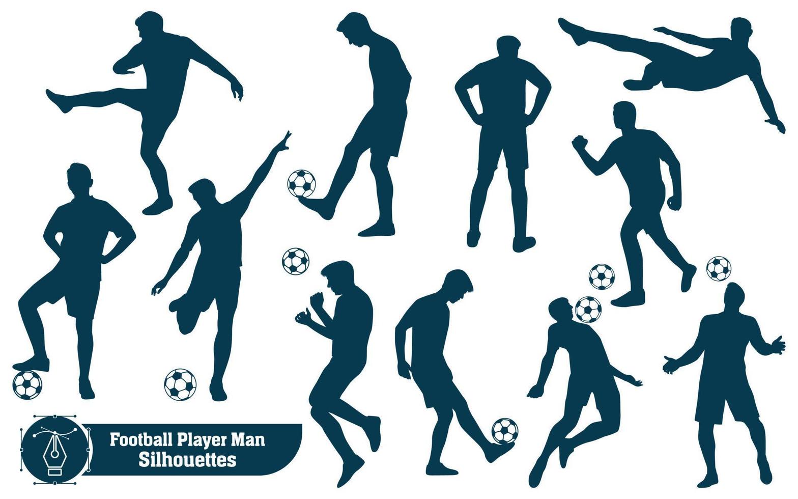 colección vectorial de siluetas masculinas jugando fútbol o fútbol en diferentes poses vector