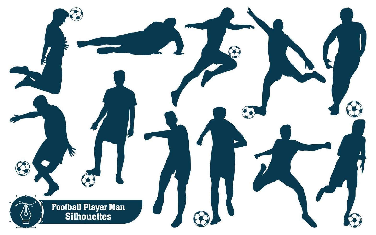 colección vectorial de siluetas masculinas jugando fútbol o fútbol en diferentes poses vector