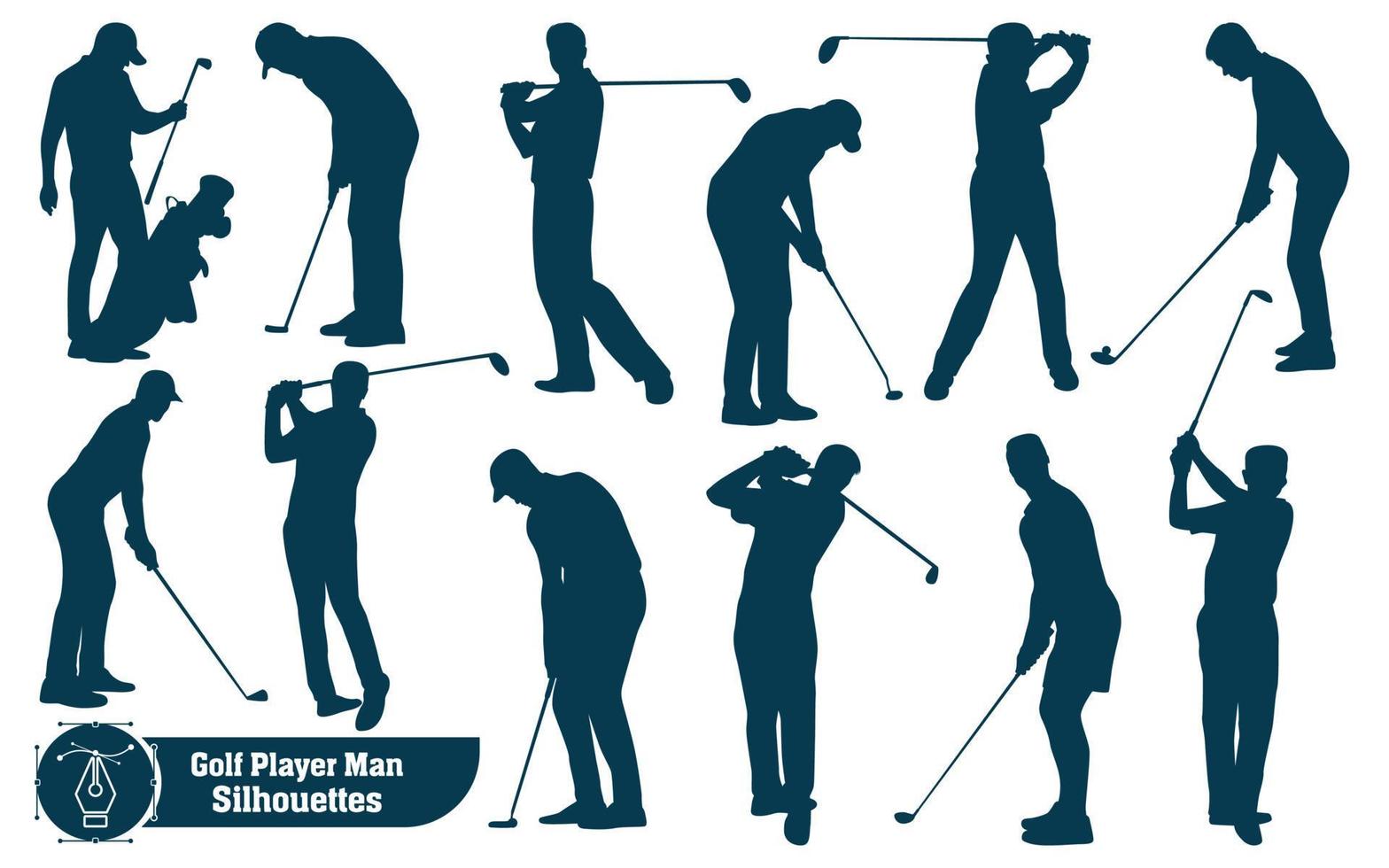 colección vectorial de siluetas masculinas de jugadores de golf en diferentes poses vector