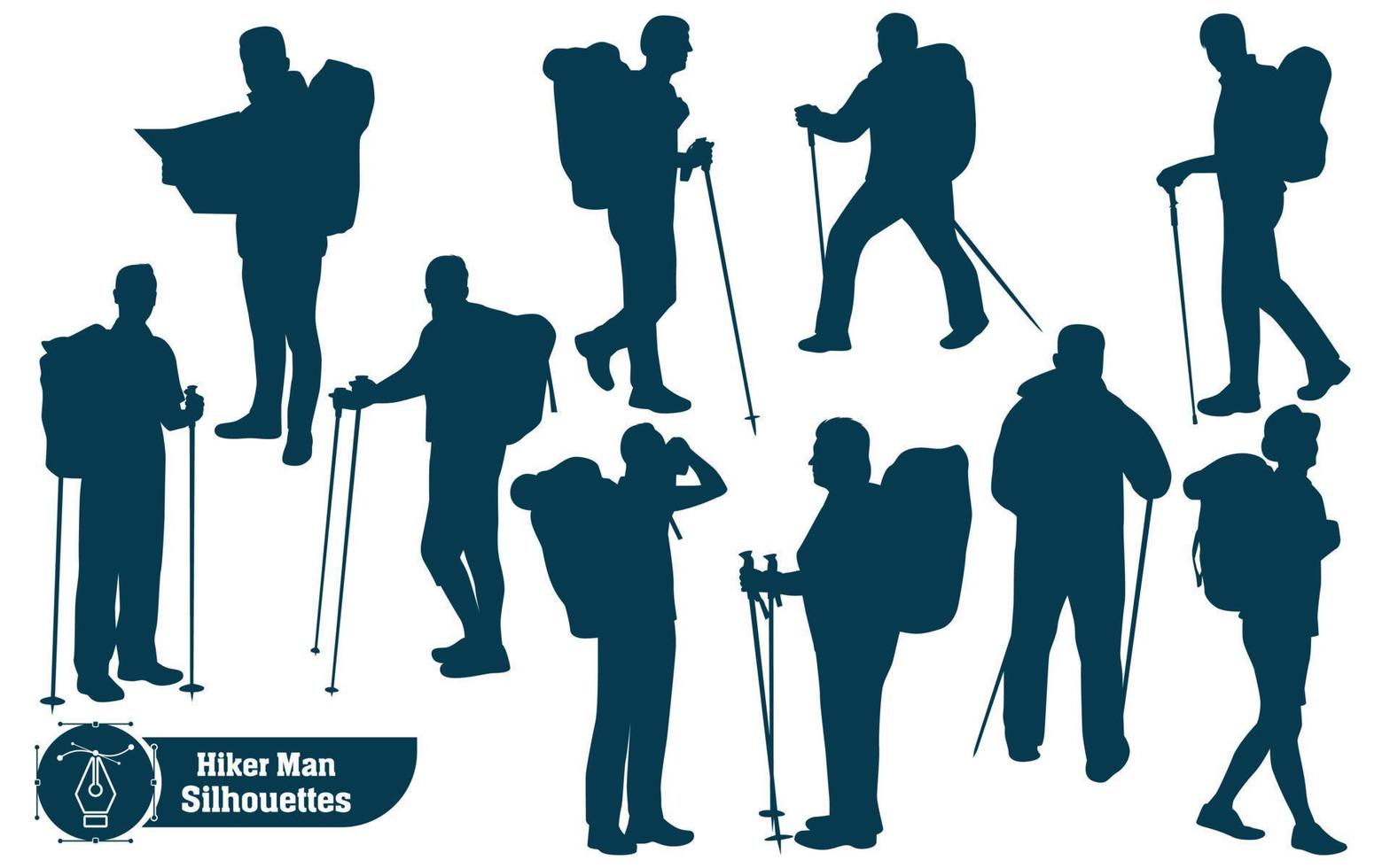 colección vectorial de excursionistas masculinos en siluetas montañosas en diferentes poses vector