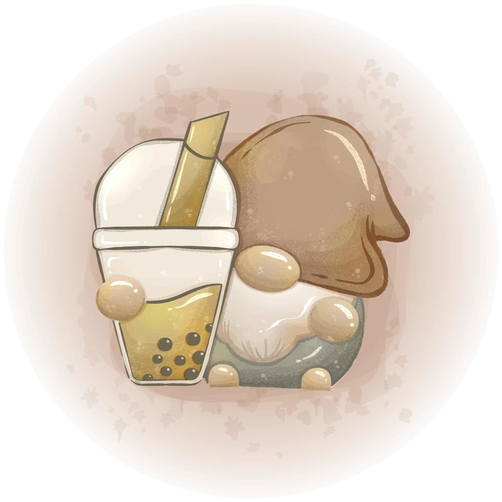 Cute Gnome Bubble Tea Watercolor Clipart Vector Illustration 02