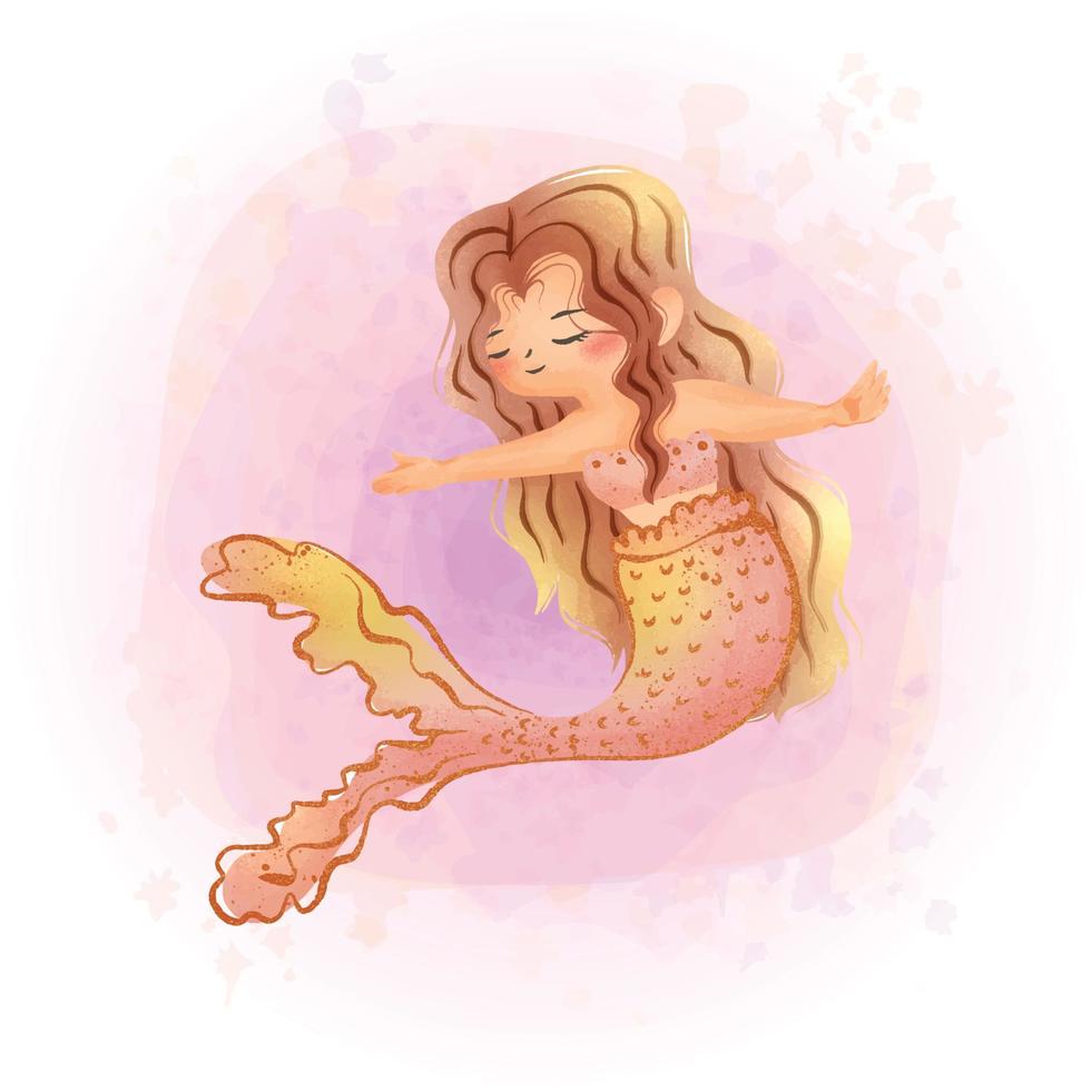 Cute Pastel Mermaid Cartoon Character Watercolor Graphics 02 vector
