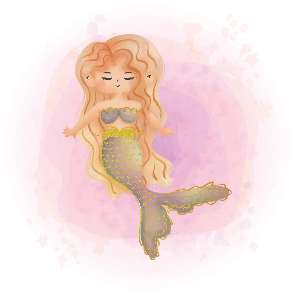 Cute Pastel Mermaid Cartoon Character Watercolor Graphics 06 vector
