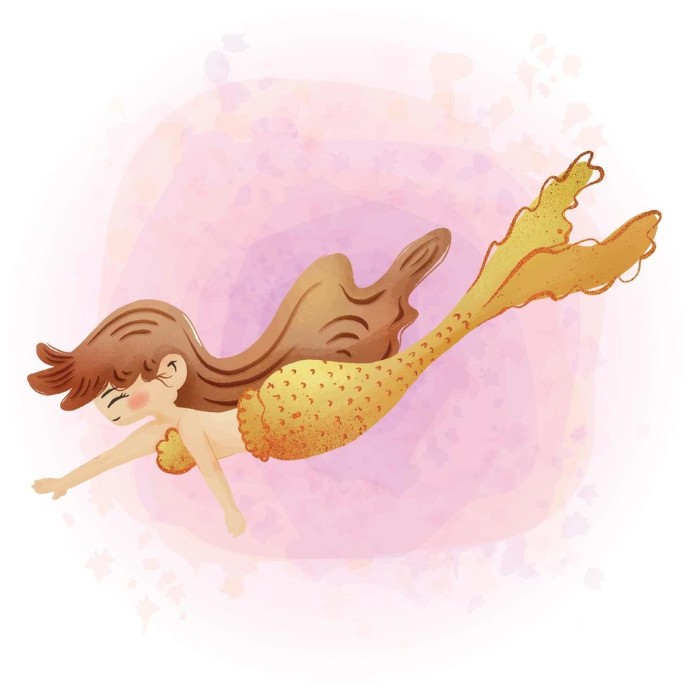 Cute Pastel Mermaid Cartoon Character Watercolor Graphics 05 vector