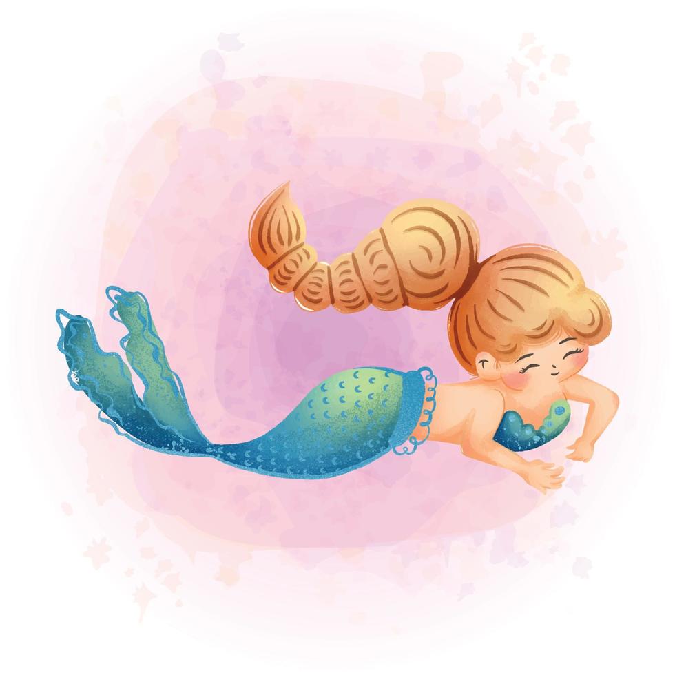 Cute Pastel Mermaid Cartoon Character Watercolor Graphics 04 vector