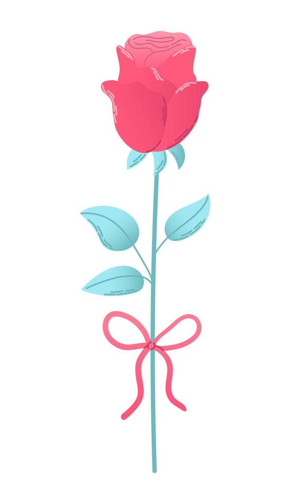 Hand drawn cartoon flower rose with red ribbon in flat style. vector