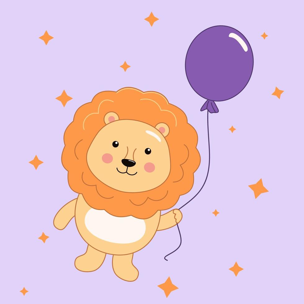 Cute lion with balloon. Kawaii animal concept illustration for nursery. Stock vector illustration, eps 10