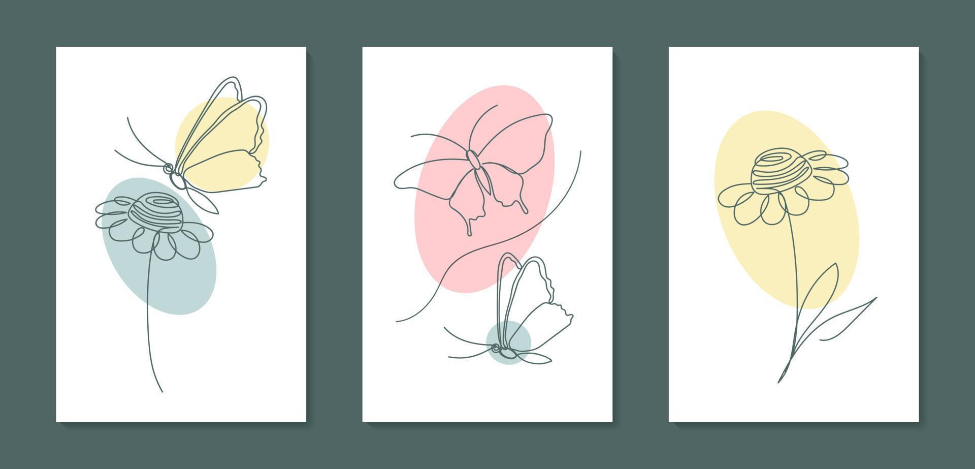 conjunto de carteles con flores y mariposas en estilo de arte lineal.  ilustración abstracta minimalista de