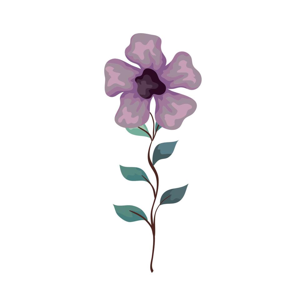flor color lila con rama y hojas, sobre fondo blanco vector