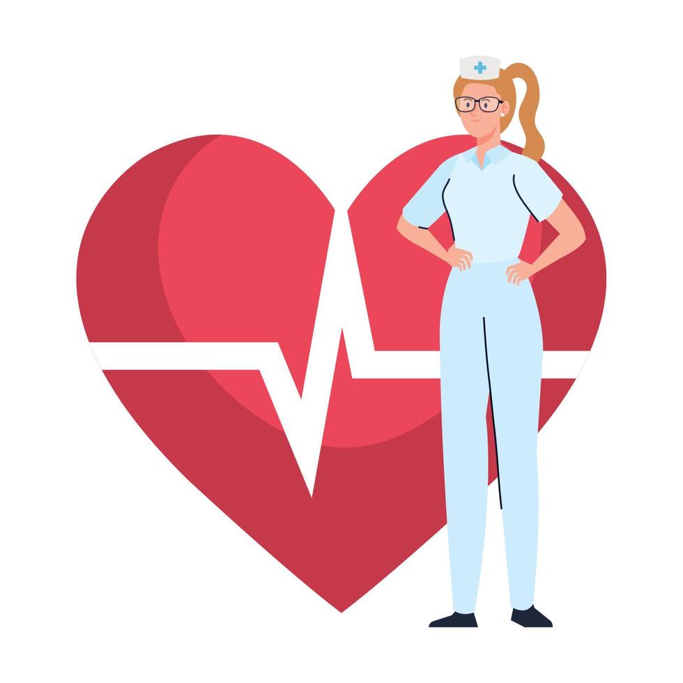 nurse with heart pulse on background vector