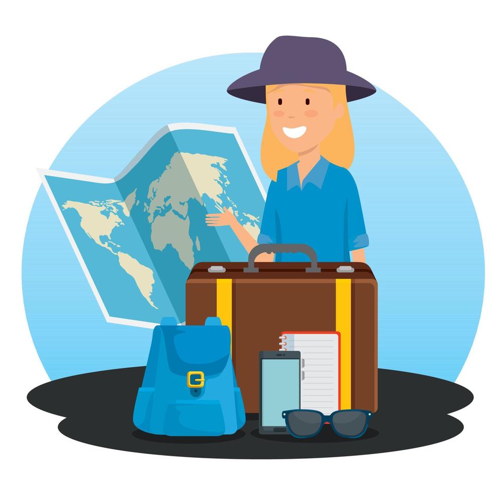 mujer turista con mapa global y mochila vector