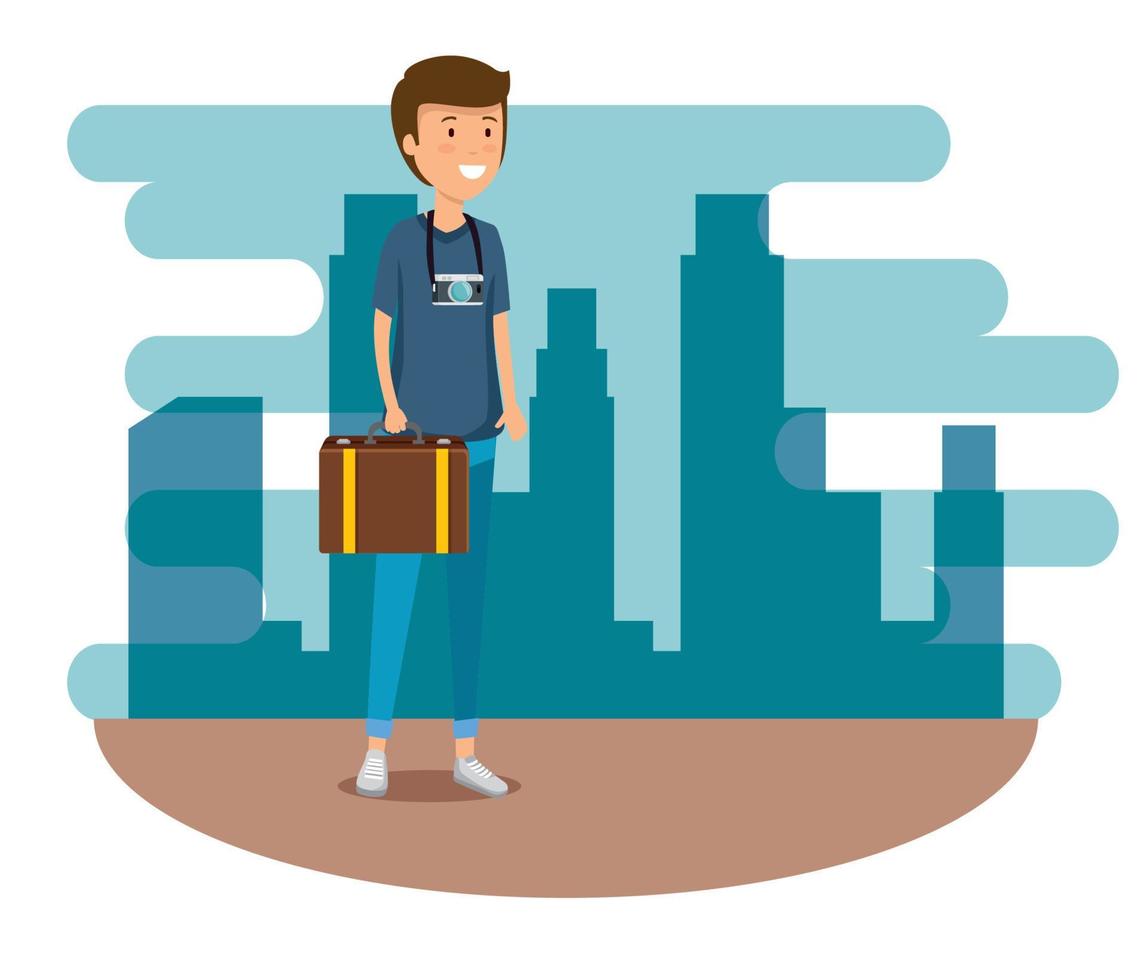 man with travel baggage and camera to journey vector