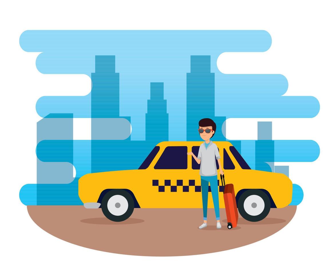 man tourist with suitcase and taxi car vector