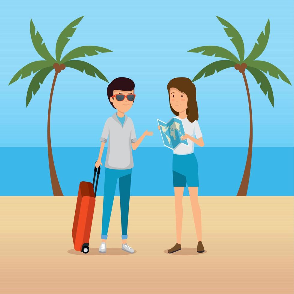 man and woman tourist with global map in the beach vector