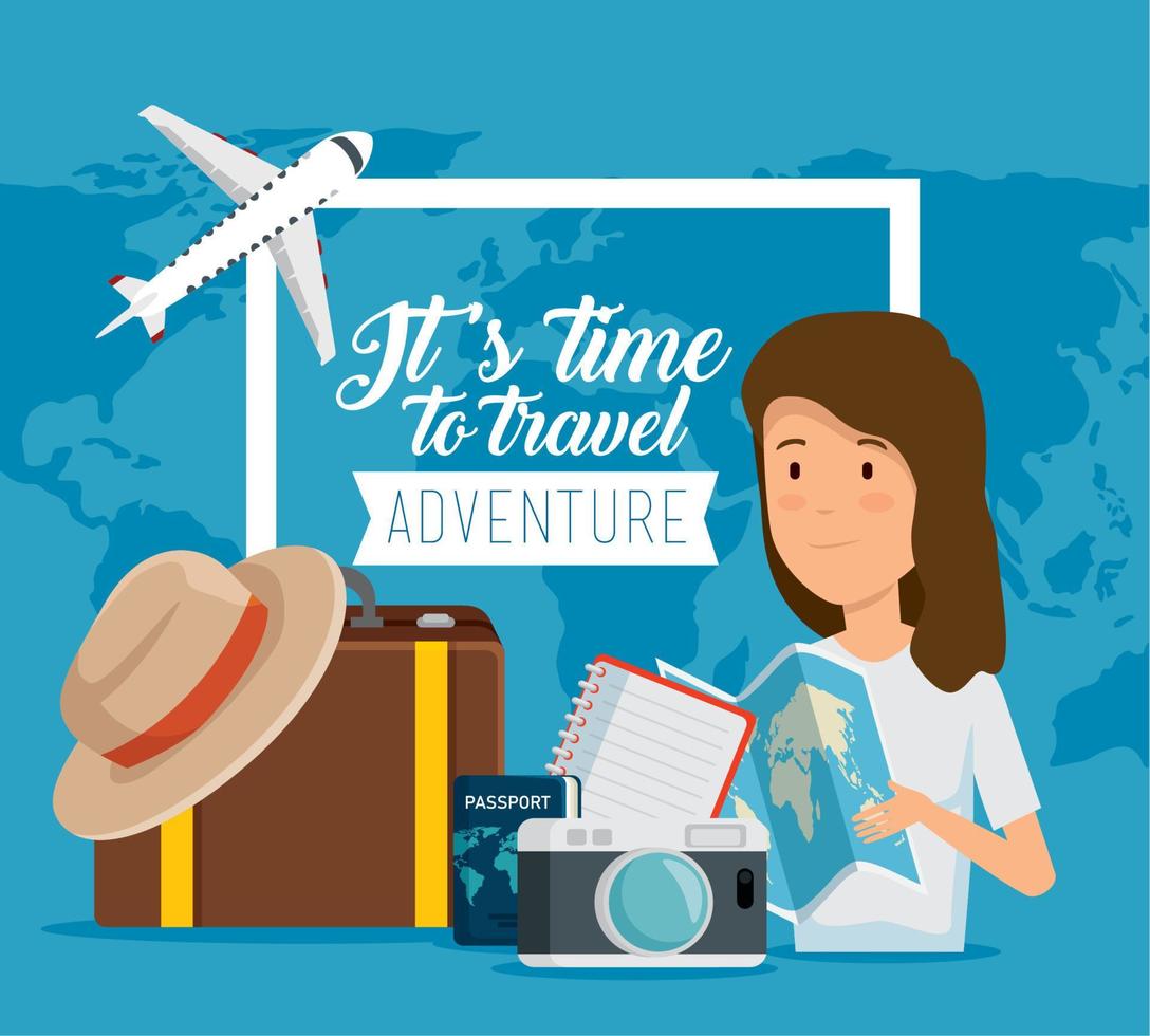 woman with global global and travel baggage vector