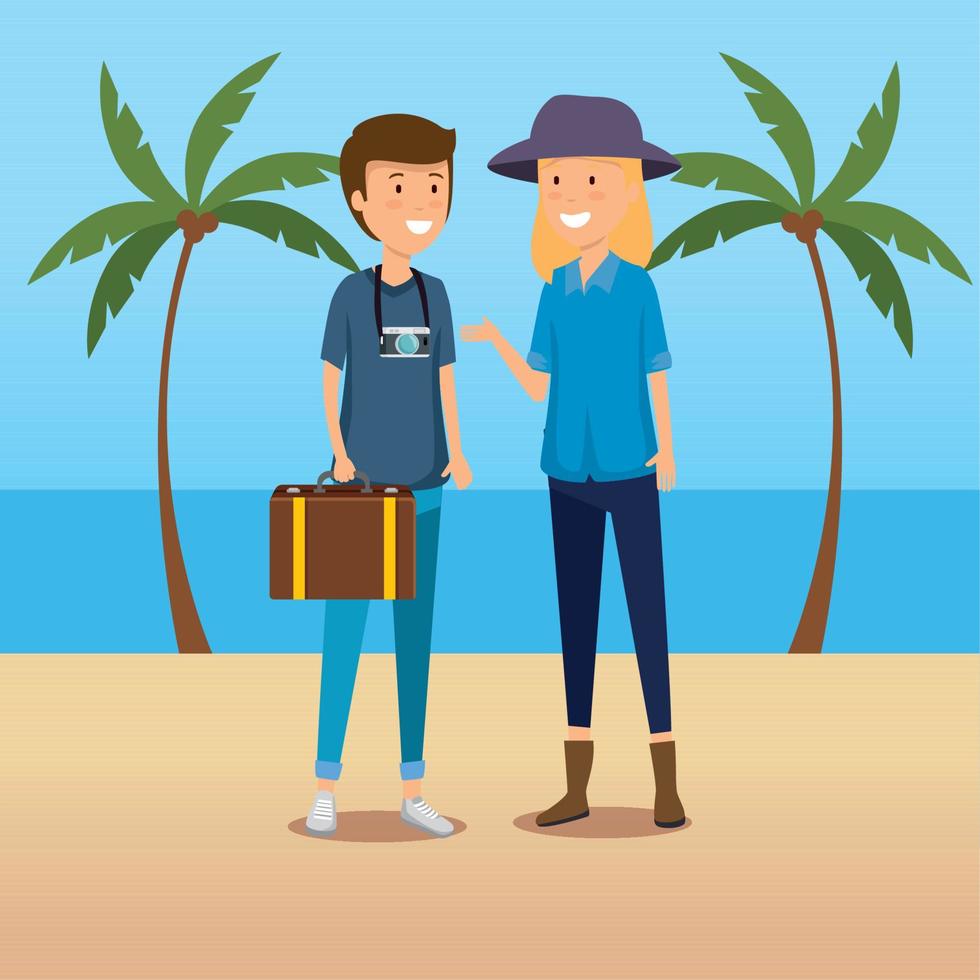 woman and man tourist with baggage and camera vector